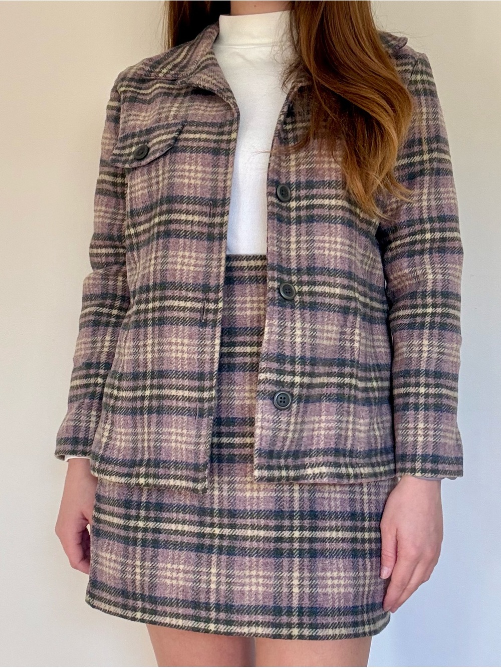 VINTAGE 90s OLD NAVY Lavender Purple Plaid Recycled Wool Jacket and Skirt